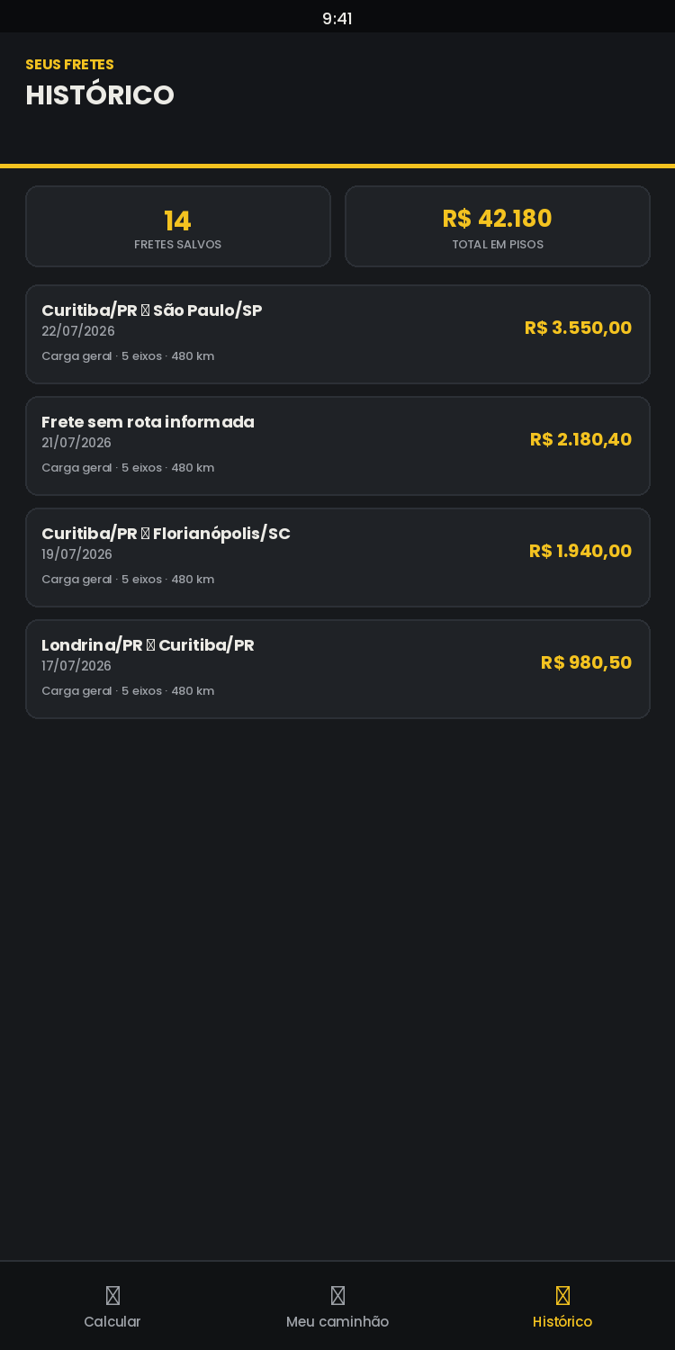 Tela Histórico do app